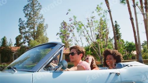 Preview: Side View Of Group Of Young Friends On Road Trip Driving In Classic Convertible Car