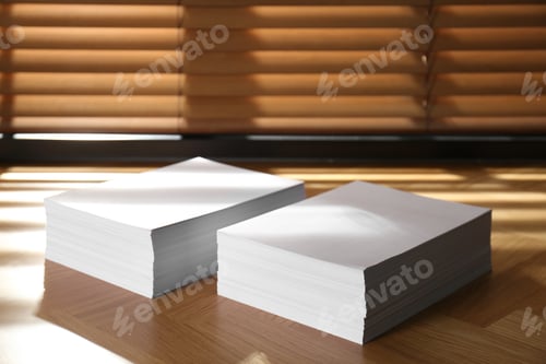 Preview: Stacks of paper sheets on wooden table