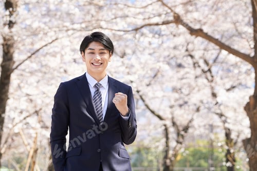 Preview: A Japanese businessman poses with cherry blossoms in the background.