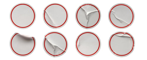 Preview: A set of round white and red paper sticker label isolated on white background.