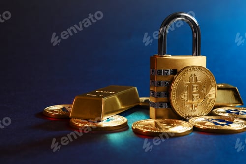 Preview: Bitcoins, padlock and gold bars on blue background, closeup. Space for text