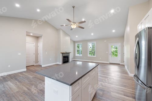 Preview: Spacious modern kitchen with beautiful furniture and illuminated lights inside