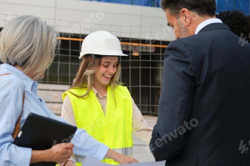 Preview: Smiling young architect showing blueprint to colleagues at construction site