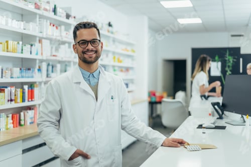 Preview: Portrait of a handsome pharmacist working in a pharmacy