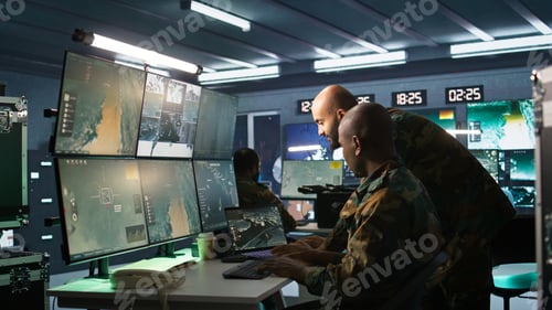 Preview: Team of army specialists examining data in monitoring room