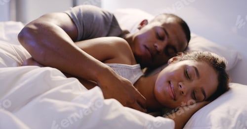 Preview: Couple, hug and sleeping in bed at home for relax, love and fatigue together with rest, break and n