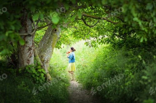 Preview: Woman in yellow dress gathering poppy and wildflowers, walking in summer meadow
