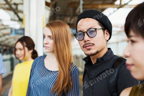 Preview: Small group of people standing on the platform of a subway station, Tokyo commuters.