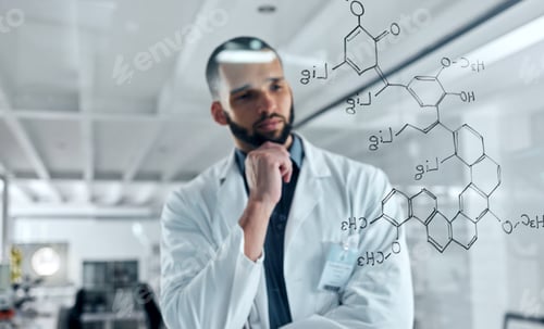 Preview: Science, research and DNA with a man engineer or scientist working on glass in a laboratory for inn