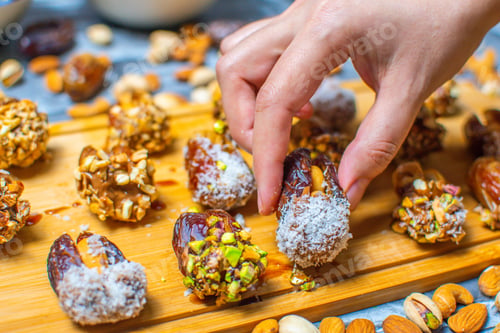 Preview: Healthy Stuffed dates with almonds, cashew, pistachio, coconut & chocolates
