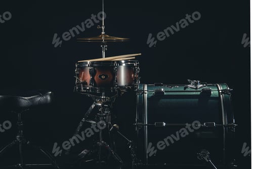Preview: Drum kit on a black background close-up.