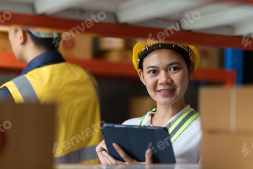 Preview: Male and Female warehouse workers discussing shipping schedule next to the forklift. Warehouse