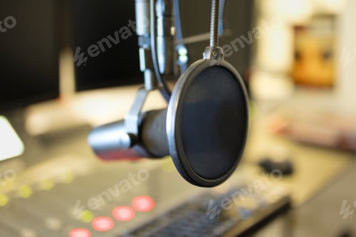 Preview: Close-up of a microphone in radio station broadcasting studio