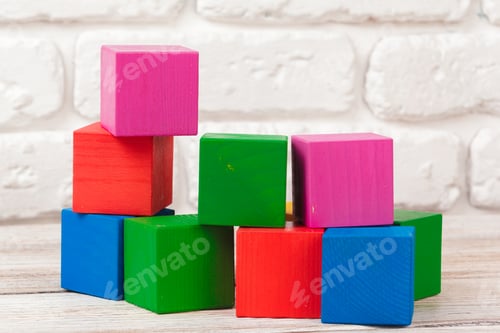 Preview: toy blocks heap, multicolor wooden bricks stack