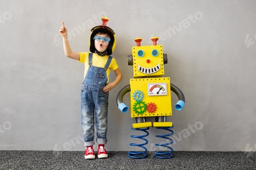 Preview: Happy child with toy robot