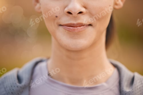 Preview: Smile, outdoor and mouth of woman in park for relaxing on weekend, holiday and vacation in park. Na
