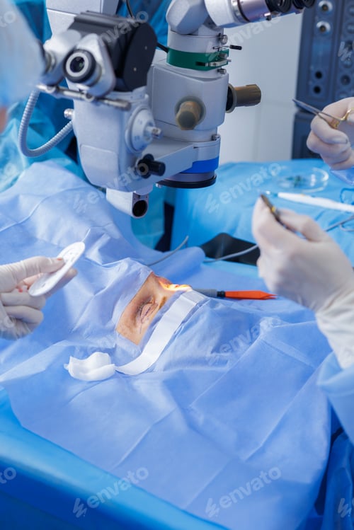 Preview: Blepharoplasty eyelid surgery under operating microscope with sterile drape and instruments