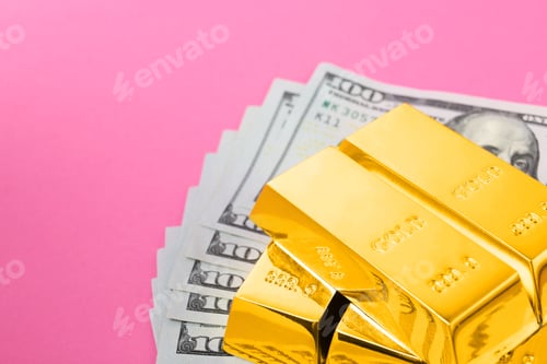 Preview: Shiny gold bars and dollar bills on color background