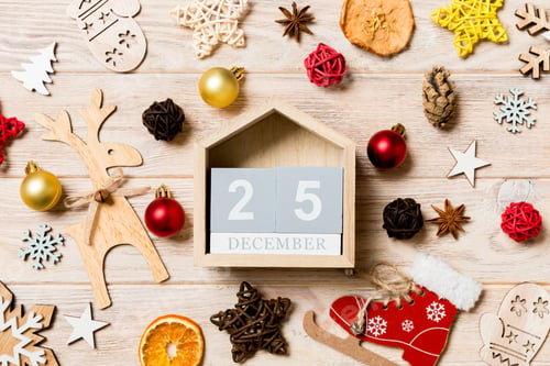 Preview: Top view of calendar on Christmas wooden background. The twenty fifth of December.