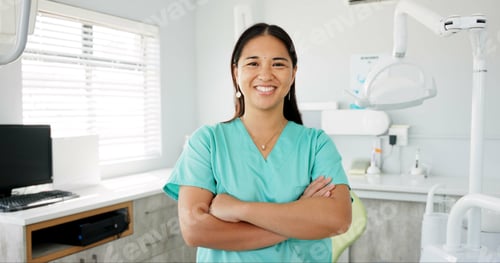 Preview: Face, dentist and arms crossed with asian woman in scrubs at hospital for dental care or oral hygie
