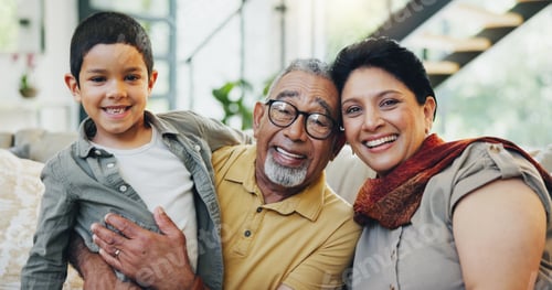Preview: Portrait, grandparents and child on sofa at house for hug bonding, love and relax with care on week