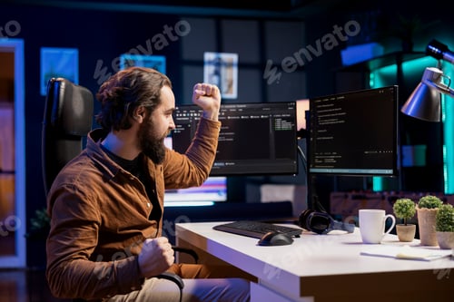 Preview: Ecstatic computer engineer celebrating after futureproofing company network