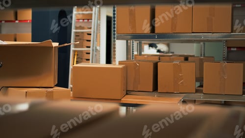 Preview: Empty storage space filled with stacks of merchandise and goods