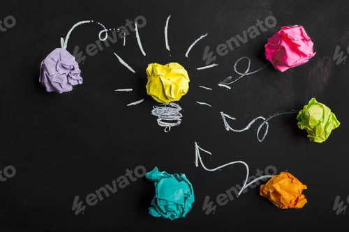 Preview: Great idea concept, crumpled paper on the chalkboard