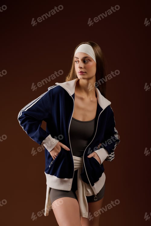 Preview: Fit young woman in stylish sportswear poses gracefully in a brown studio setting