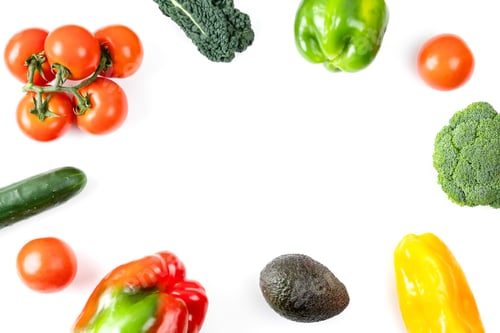 Preview: Fresh fruit and vegetable. Flat lay of fresh raw organic vegetables on white