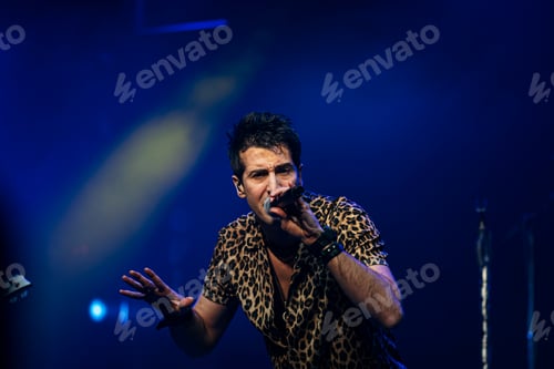 Preview: Singing artist performing before the audience at a live concert.