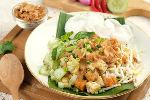 Preview: Nasi Lengko or Sega Lengko or Lengko Rice is a traditional vegetarian food from Cirebon, Indonesia