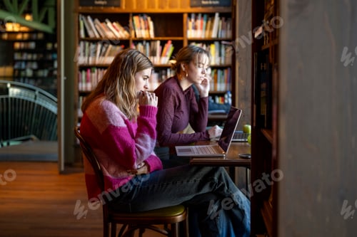 Preview: Two individuals focused on their laptops in a cozy library setting.
