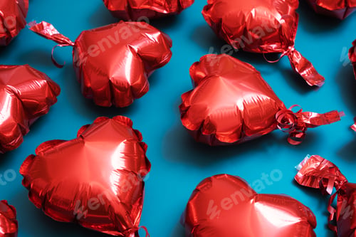 Preview: Red heart shape balloons on turquoise background. Valentines Day concept