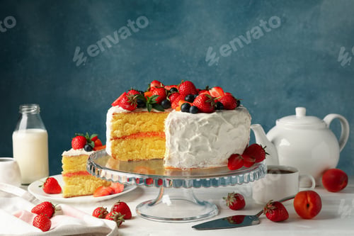 Preview: Composition with delicious berry cream cake on white wooden table. Tasty dessert