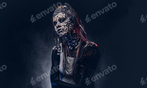 Preview: Close-up portrait of a witch from the indigenous African tribe, wearing traditional costume