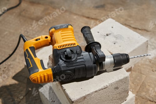 Preview: Rotary Hammer Drill Resting on Cinder Blocks