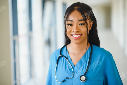 Preview: Smiling Woman Doctor in Scrubs with Stethoscope
