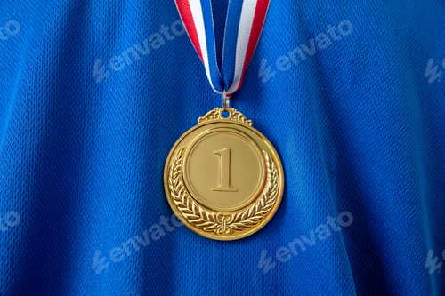 Preview: Gold medal. Champion trophy award and ribbon. Prize in sport for winner on blue shirt background