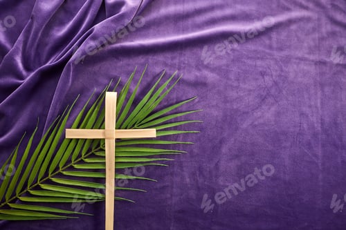 Preview: Lent season, Holy week and Good friday concept. Palm leave and cross on purple background