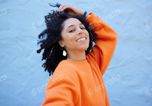 Preview: Happy, fashion and portrait of black woman on blue background with smile, positive mindset and peac
