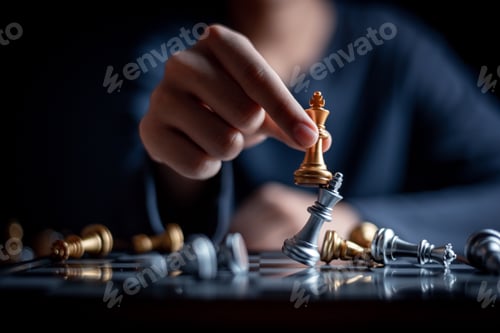 Preview: Young boy playing chess board between golden team and silver team ,he thinking serious how to winner