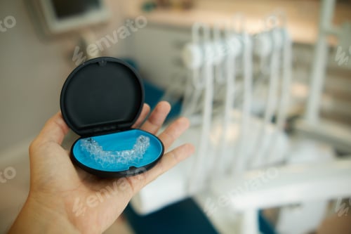 Preview: Two invisible dental aligners in the personal box. Plastic braces for teeth straightening