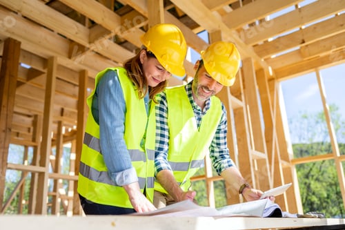 Preview: Team engineer and architect are meeting to plan for new project of wood frame house on building site