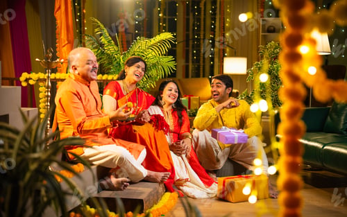 Preview: Joyful Indian family enjoying Diwali celebration together indoors with laddus, lights, and laught