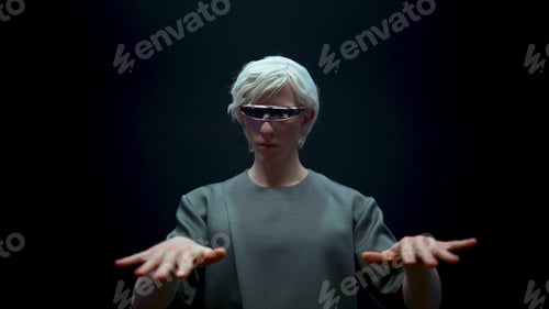 Preview: Cyber engineer typing vr glasses close up. Futuristic man working metaverse