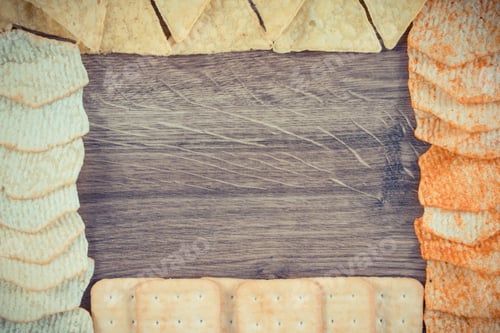 Preview: Vintage photo, Frame of cookies and crisps, concept of unhealthy food, copy space for text