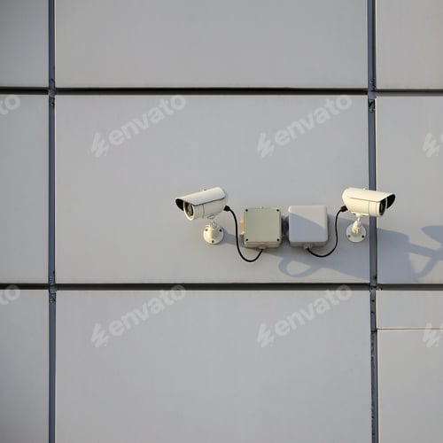 Preview: White surveillance camera built into the metal wall of the office building