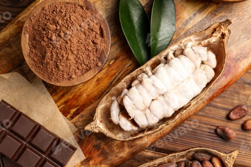 Preview: Cocoa pods with beans and chocolate on wooden table, flat lay