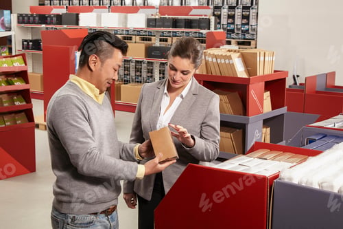 Preview: Worker showing product to manager in printing and packaging factory shop, China